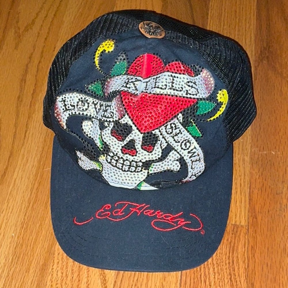 Vintage Y2K Ed Hardy Rhinestone Skull Trucker Hat Bling Black Love Kills Slowly